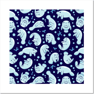 Cute Manatee Blue Pattern Posters and Art